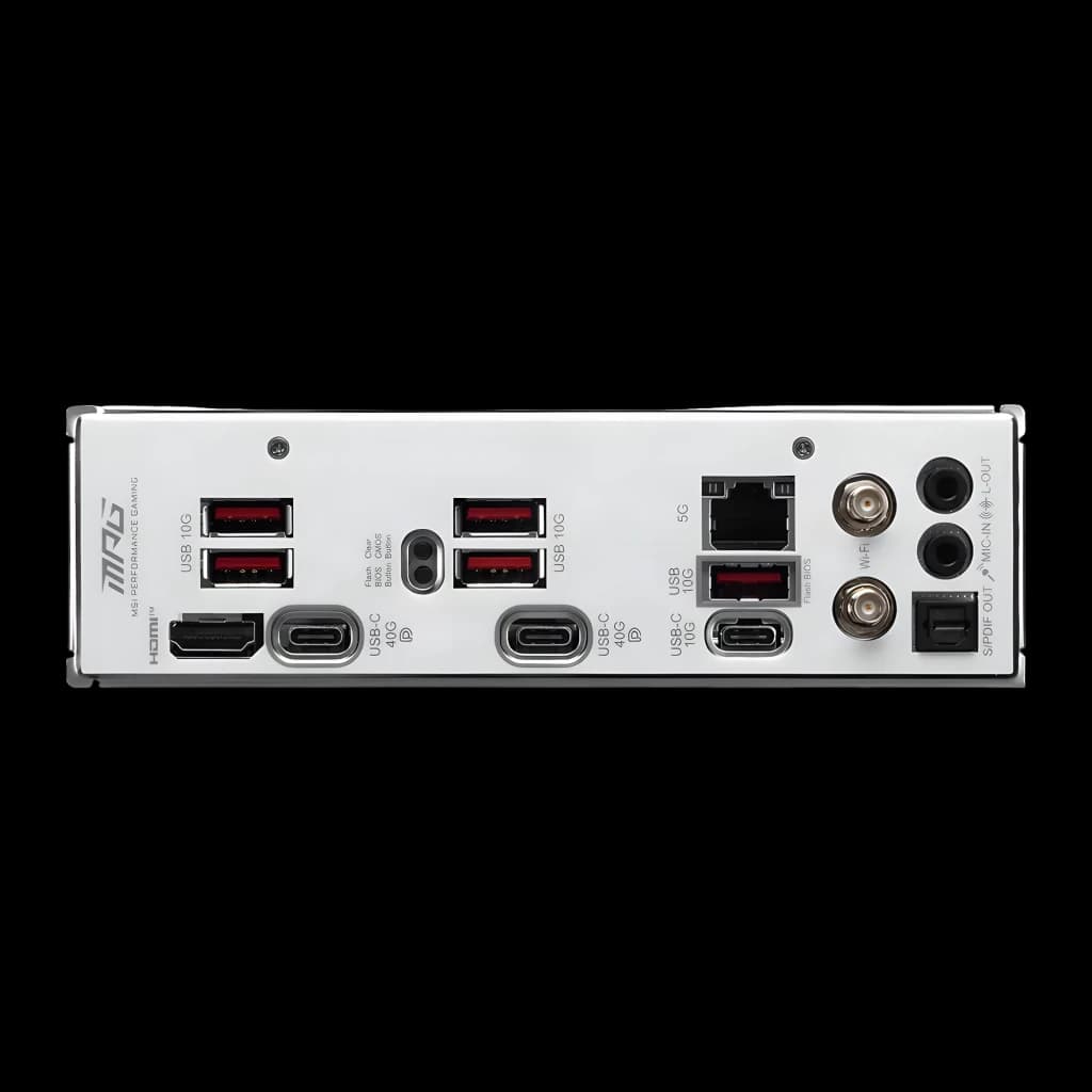 MSI MPG X870I Edge TI Evo WiFi Blanche, panneau arrière: ports USB-A 10G, USB-C 40G, HDMI, LAN 5G et connecteurs antenne WiFi