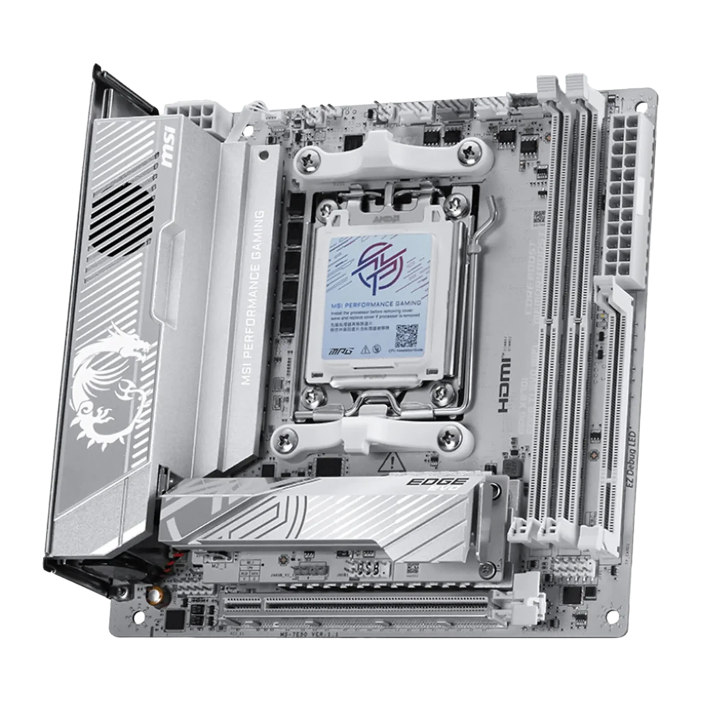 MSI MPG X870I Edge TI Evo WiFi Blanc, vue ensemble: carte mère, panneau arrière, antenne WiFi et boîte du produit - Ítem1