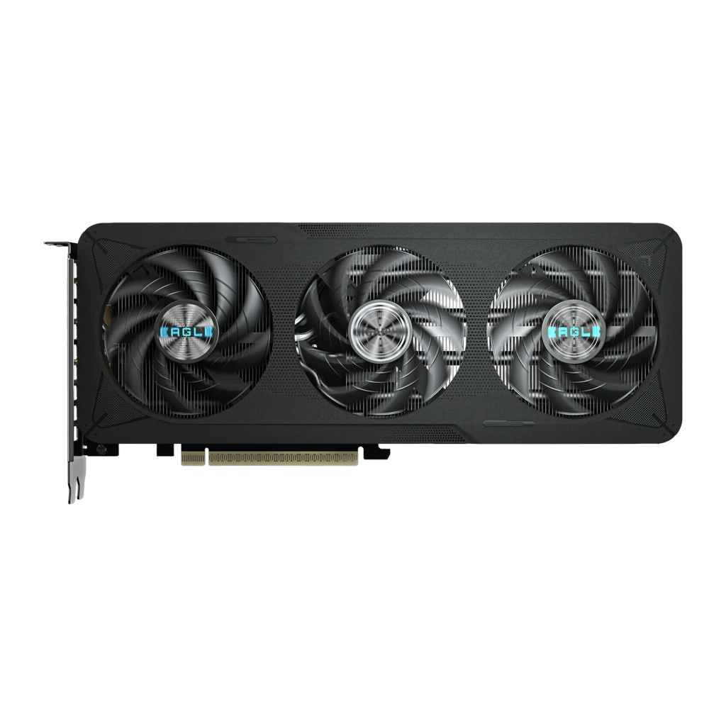 GIGABYTE GeForce RTX 5060 Ti EAGLE MAX OC 8GB preto, produto e caixa: placa com 3 ventoinhas e bracket ao lado da embalagem - Item3