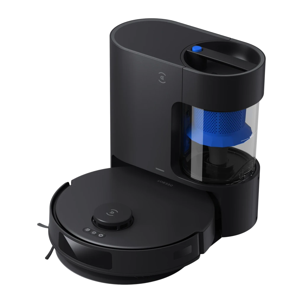 Ecovacs Deebot N20 Pro Plus negro, vista frontal 3/4: robot aspirador sobre base de autovaciado con depósito azul visible