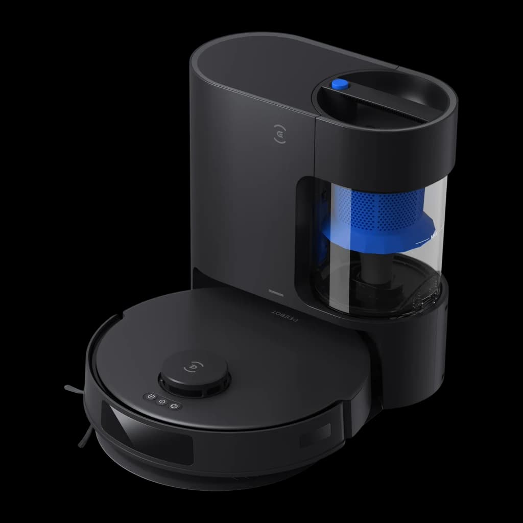 Ecovacs Deebot N20 Pro Plus negro, vista frontal 3/4: robot aspirador sobre base de autovaciado con depósito azul visible