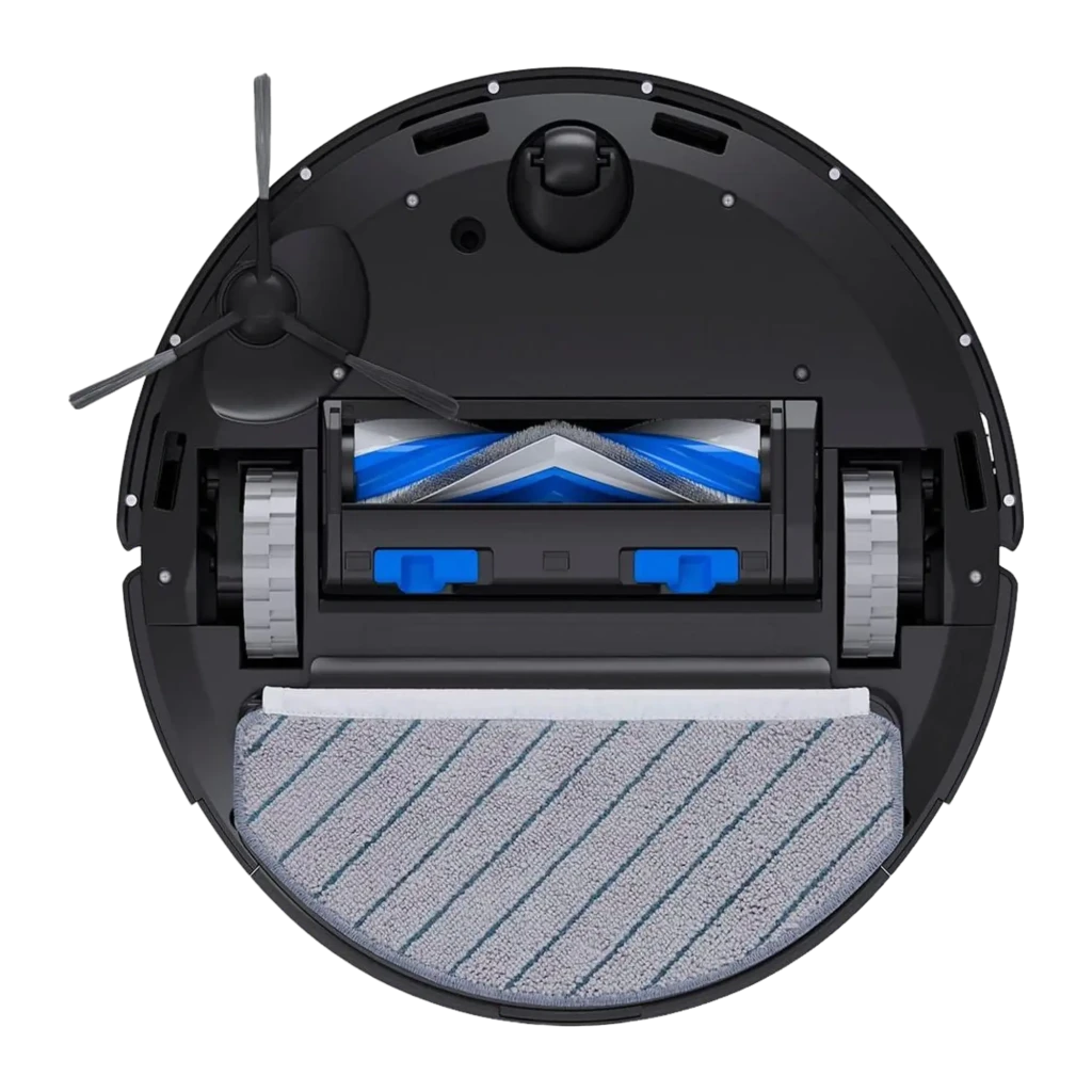 Ecovacs Deebot N20 Pro Plus negro, vista inferior: cepillo principal azul, ruedas, escobilla lateral y mopa gris