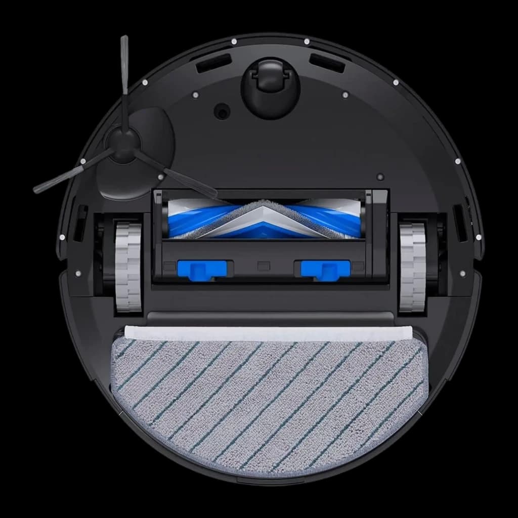 Ecovacs Deebot N20 Pro Plus negro, vista inferior: cepillo principal azul, ruedas, escobilla lateral y mopa gris