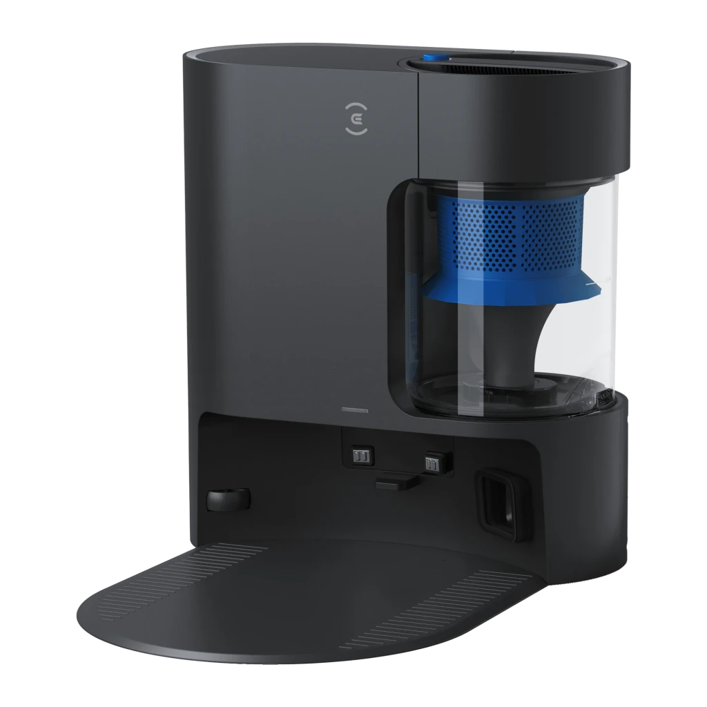 Ecovacs Deebot N20 Pro Plus negro, vista frontal de la base: interior con filtro azul y depósito transparente visibles