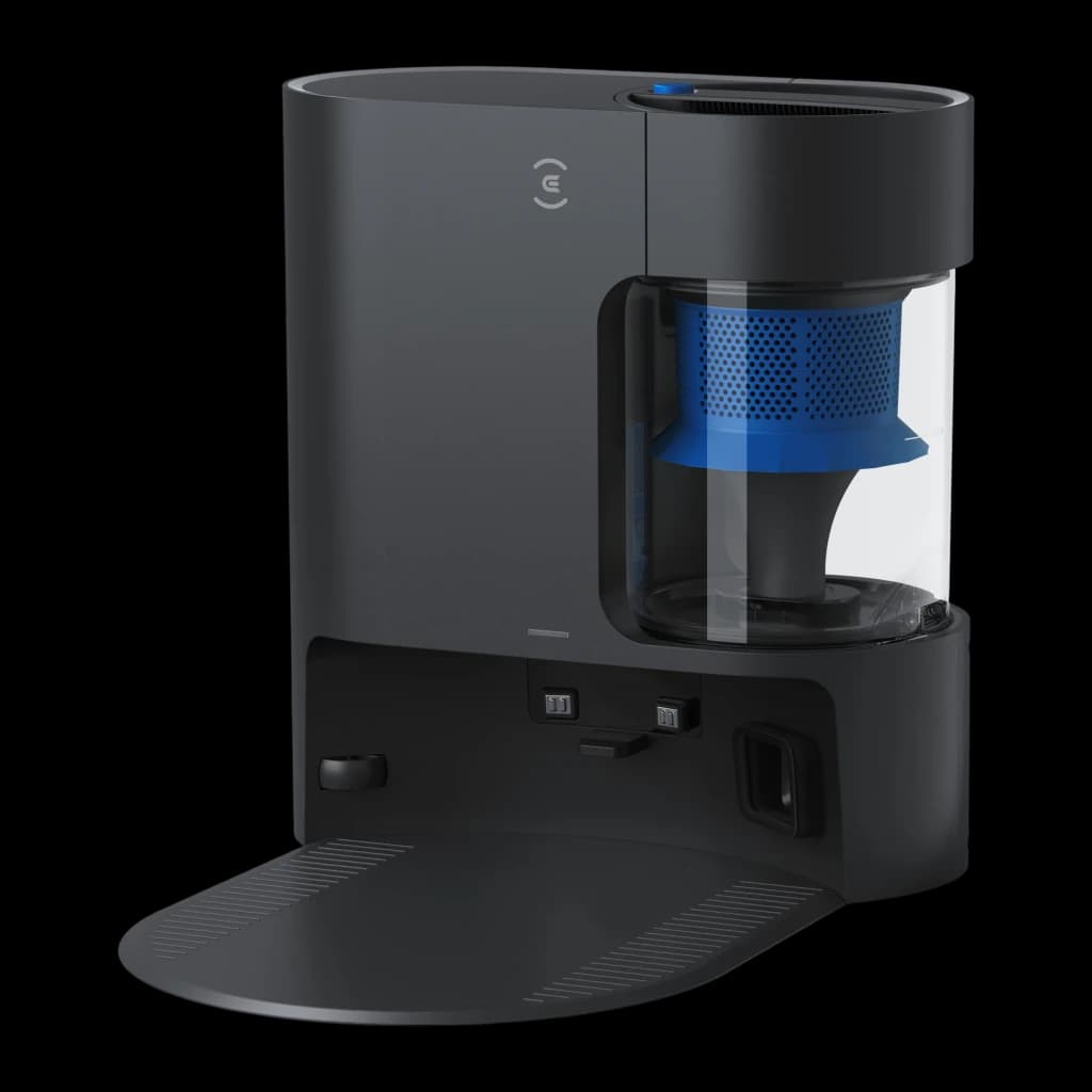 Ecovacs Deebot N20 Pro Plus negro, vista frontal de la base: interior con filtro azul y depósito transparente visibles