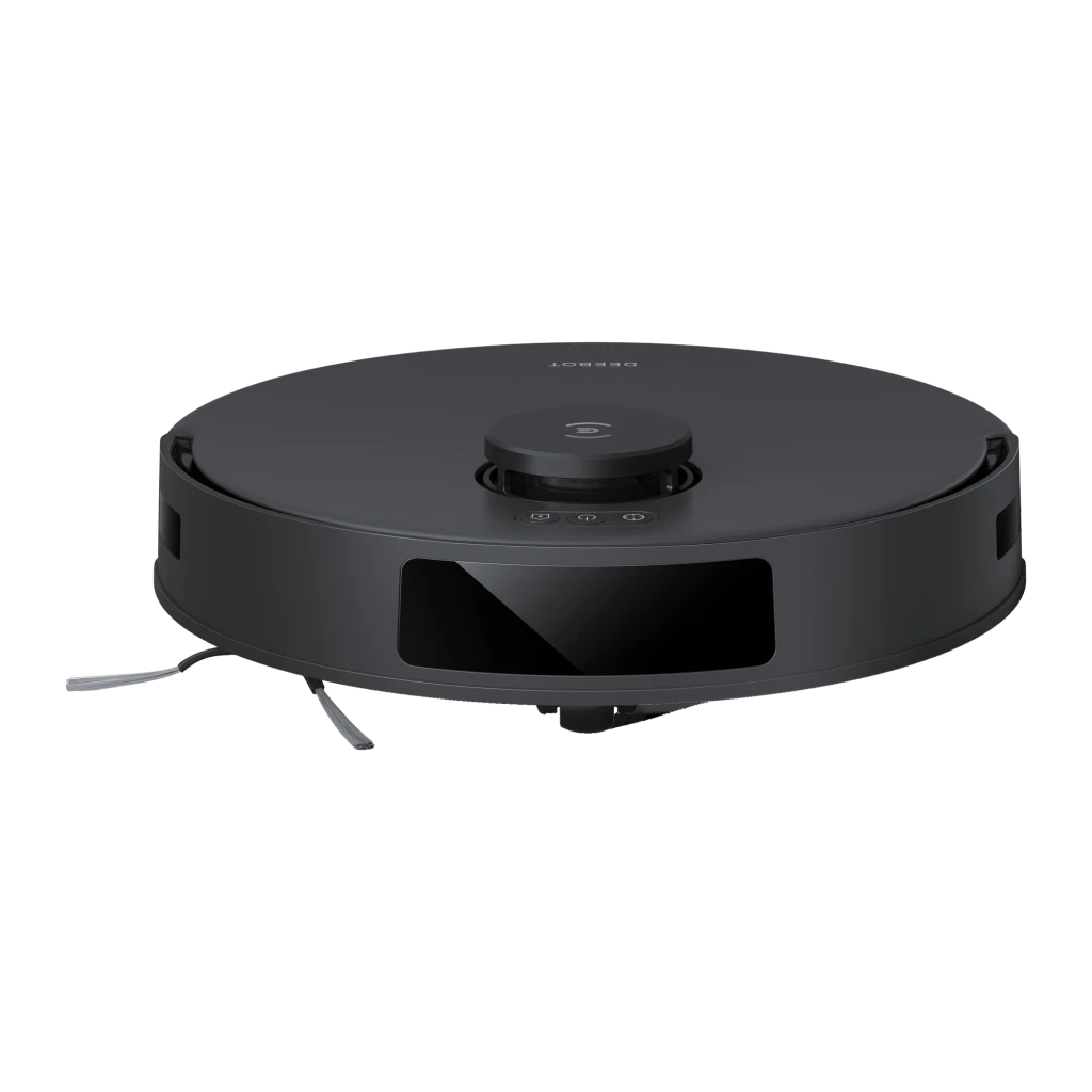 Ecovacs Deebot N20 Pro Plus negro, vista lateral-superior: torreta LiDAR central, sensor frontal y cepillo lateral visibles