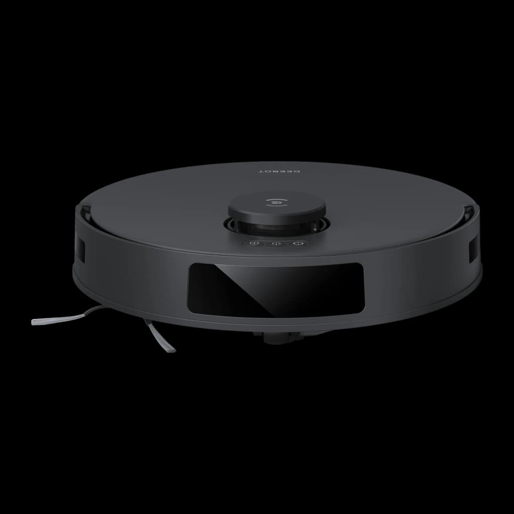Ecovacs Deebot N20 Pro Plus negro, vista lateral-superior: torreta LiDAR central, sensor frontal y cepillo lateral visibles