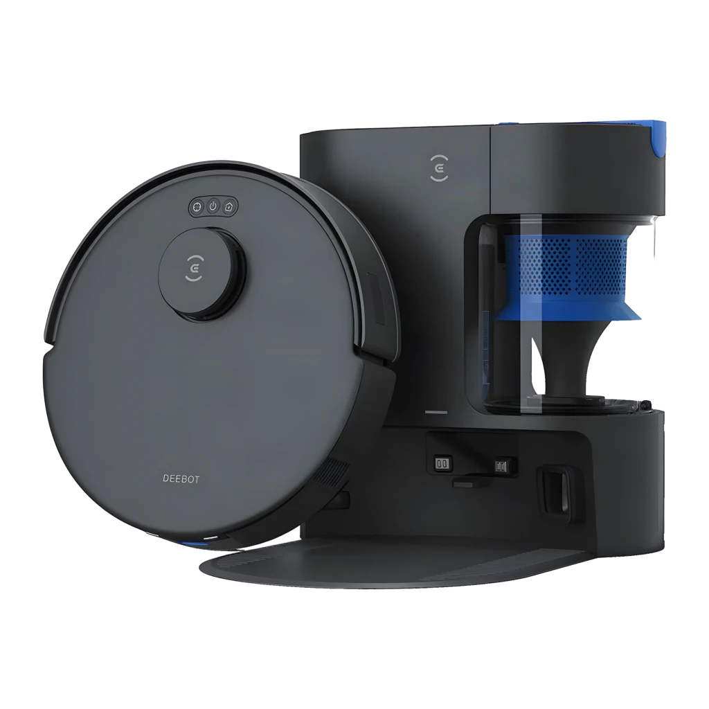 Ecovacs Deebot N20 Pro Plus negro, vista frontal en ángulo: robot aspirador junto a base de vaciado automático con depósito
