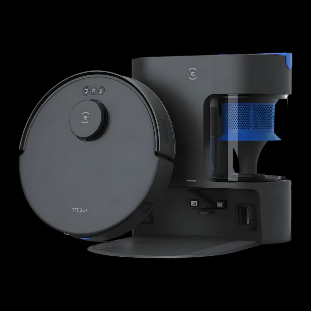 Ecovacs Deebot N20 Pro Plus negro, vista frontal en ángulo: robot aspirador junto a base de vaciado automático con depósito