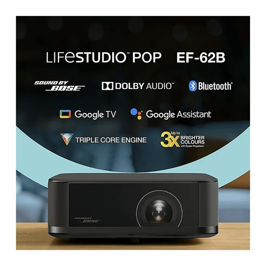 Epson V11HB73140 700lm 3LCD 4K noir, vue avant en angle: objectif, logo Bose et grille latérale - Ítem4