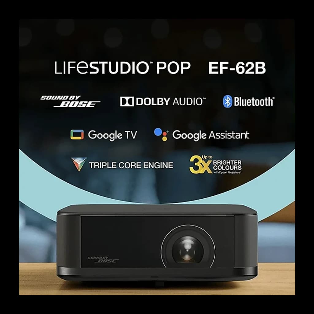 Epson V11HB73140 4K Noir, vue avant: projecteur sur table avec logos Bose, Dolby, Google TV et Bluetooth