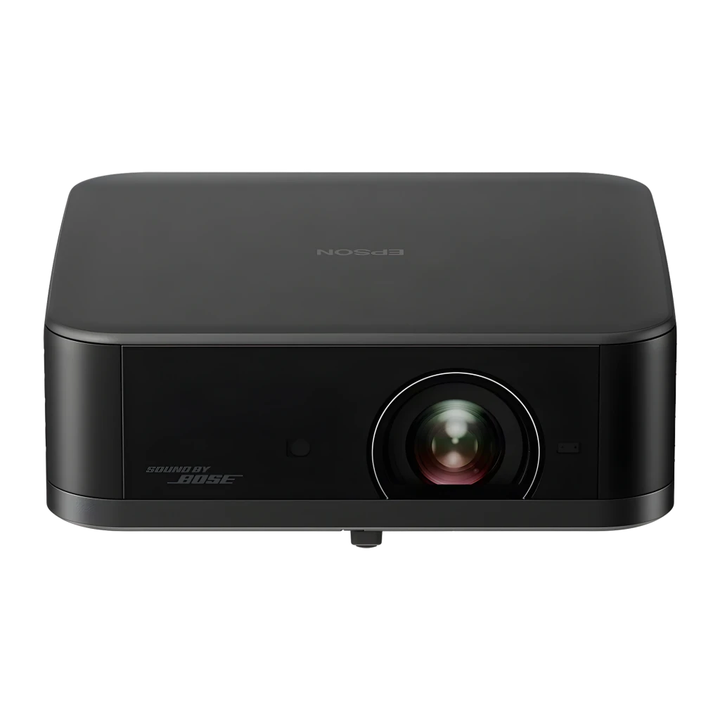 Epson V11HB73140 700lm 3LCD 4K noir, vue avant en angle: objectif, logo Bose et grille latérale - Ítem3