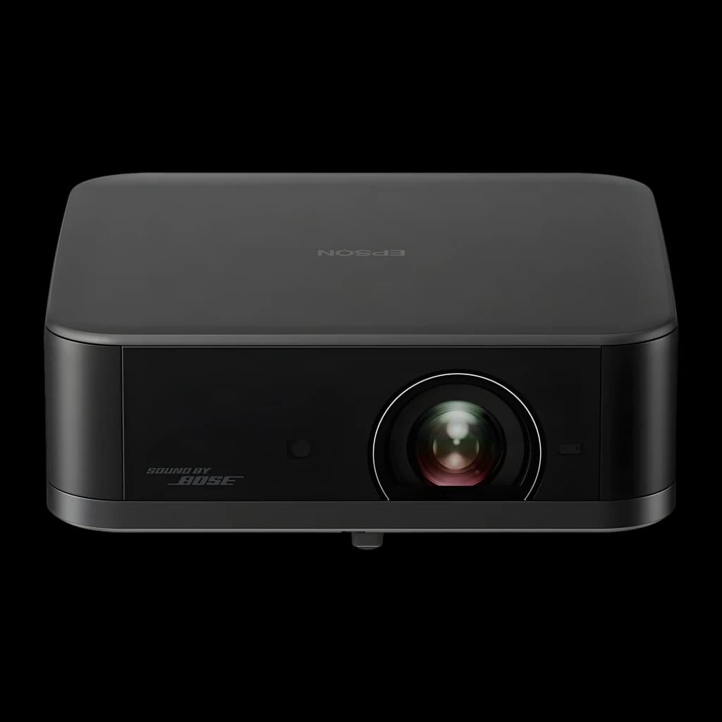 Epson V11HB73140 3LCD 4K noir, vue avant en angle: objectif central et logo Sound by Bose visibles