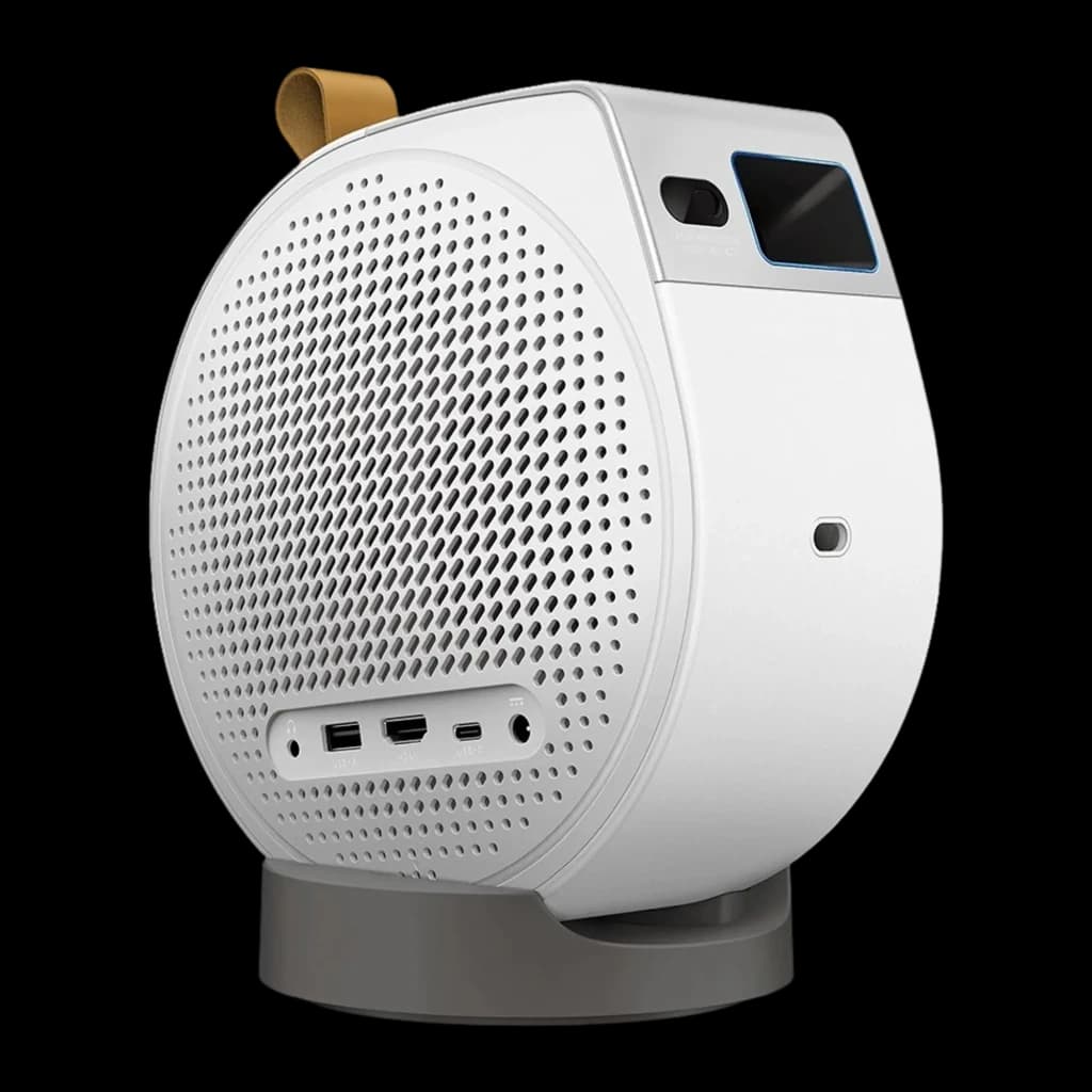 BenQ Videoproyector GV50 500lm 1080p Blanco, vista trasera-lateral: puertos USB HDMI y audio visibles en la parte inferior