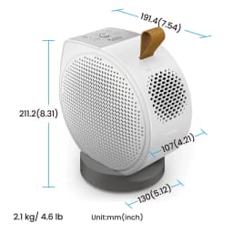 BenQ Videoproyector GV50 500lm 1080p Blanco, diagrama de dimensiones: medidas en mm y peso 2,1 kg con asa marrón visible