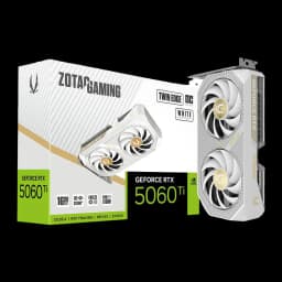 ZOTAC RTX 5060 Ti 16GB Twin Edge OC branco, kit caixa e placa: caixa branca com RTX 5060Ti 16GB ao lado da GPU em ângulo