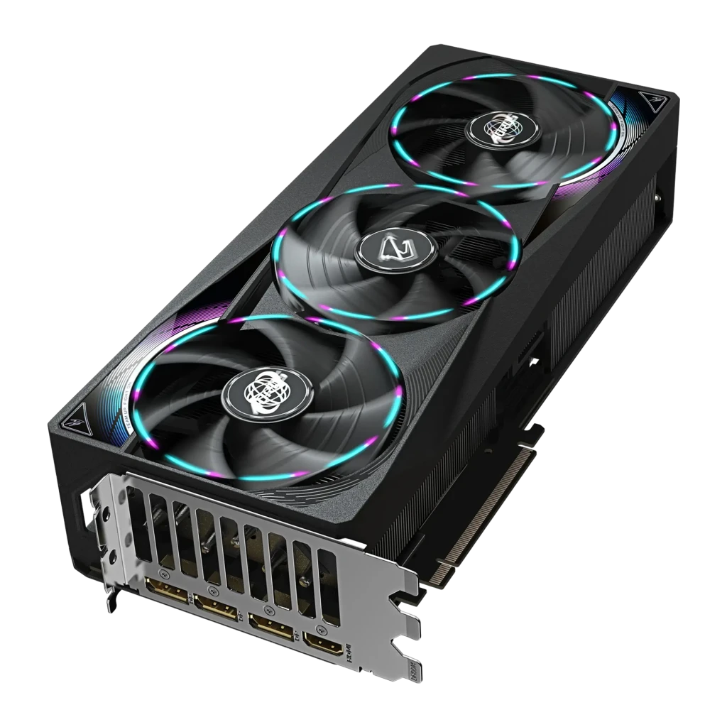 Gigabyte AORUS GeForce RTX 5070 Master 12GB preto, kit com caixa: placa com RGB aceso ao lado da caixa laranja e preta AORUS - Item3