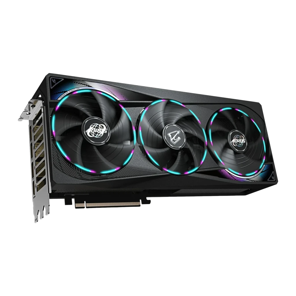 Gigabyte AORUS GeForce RTX 5070 Master 12GB preto, kit com caixa: placa com RGB aceso ao lado da caixa laranja e preta AORUS - Item1