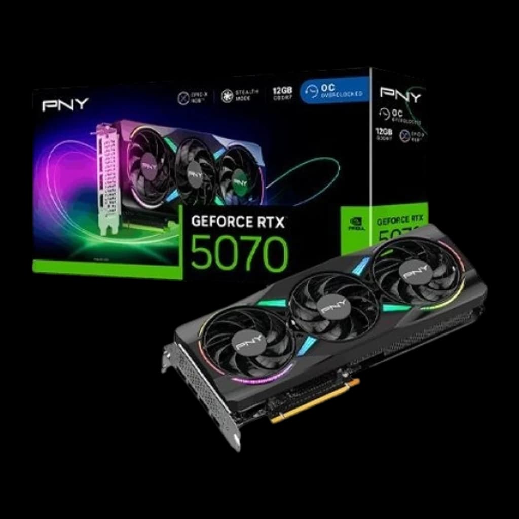 PNY GeForce RTX 5070 Triple ARGB OC 12GB noir, carte avec boîte: packaging frontal 12GB OC et carte graphique au premier plan
