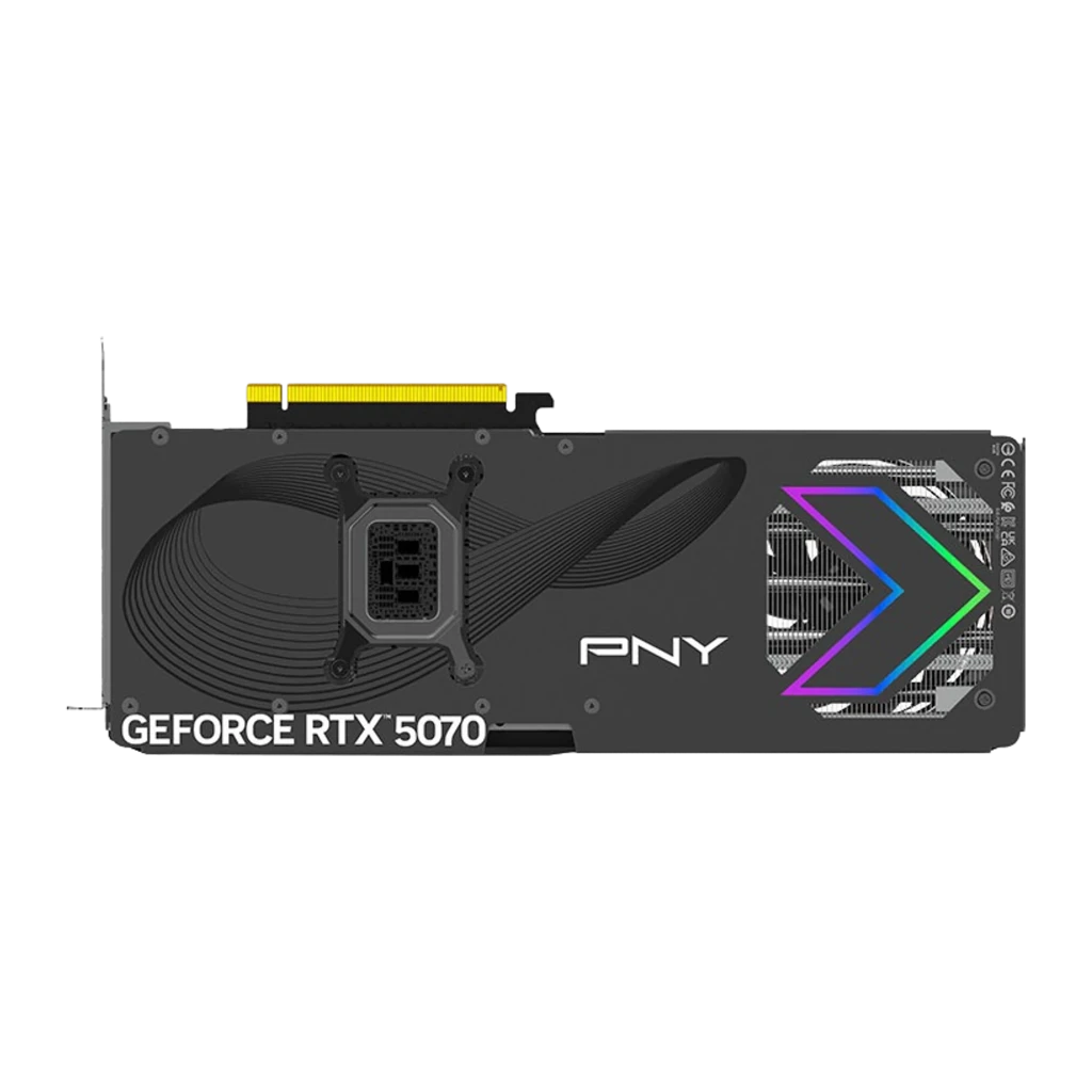PNY GeForce RTX 5070 Triple ARGB OC 12GB negra, tarjeta con caja: packaging frontal 12GB OC y tarjeta gráfica en primer plano - Ítem2