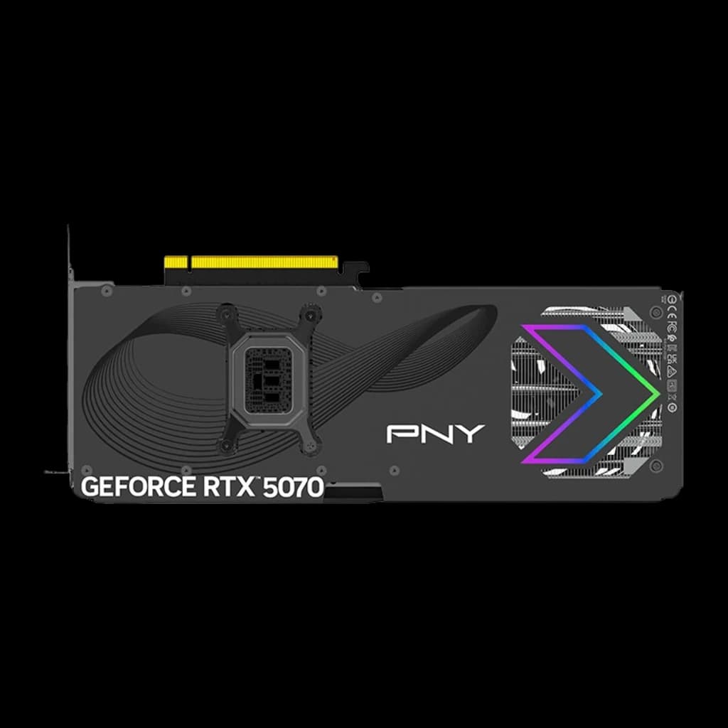 PNY GeForce RTX 5070 Triple ARGB OC 12GB noir, vue arrière: backplate avec motif baleine, connecteur PCIe doré et zone ARGB