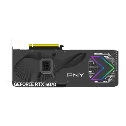 PNY GeForce RTX 5070 Triple ARGB OC 12GB noir, vue arrière: backplate avec motif baleine, connecteur PCIe doré et zone ARGB