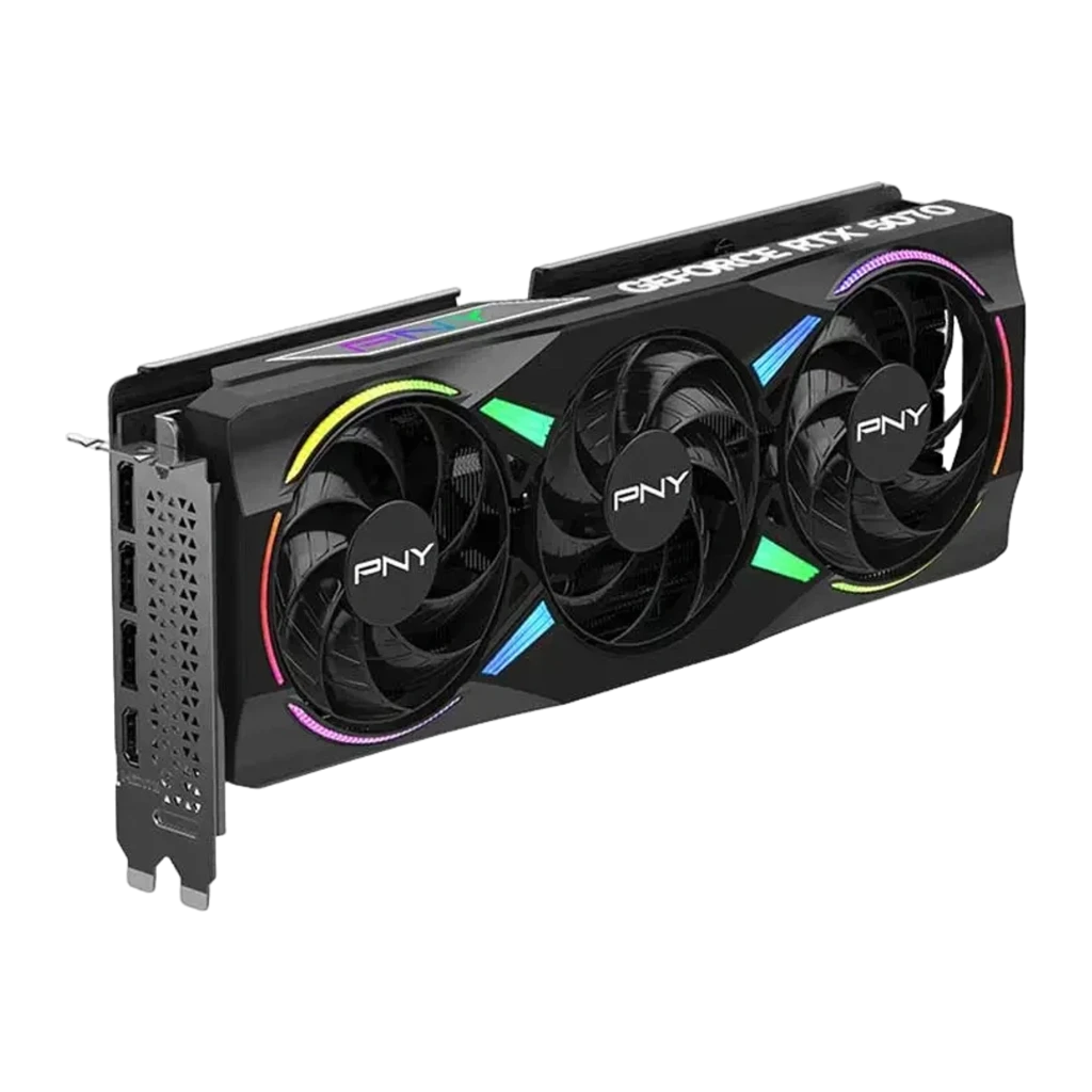 PNY GeForce RTX 5070 Triple ARGB OC 12GB negra, tarjeta con caja: packaging frontal 12GB OC y tarjeta gráfica en primer plano - Ítem3