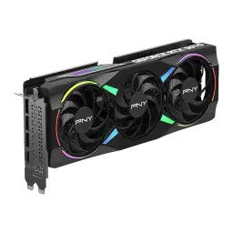 PNY GeForce RTX 5070 Triple ARGB OC 12GB noir, vue en angle: trois ventilateurs ARGB, équerre avec ports 3xDP et HDMI