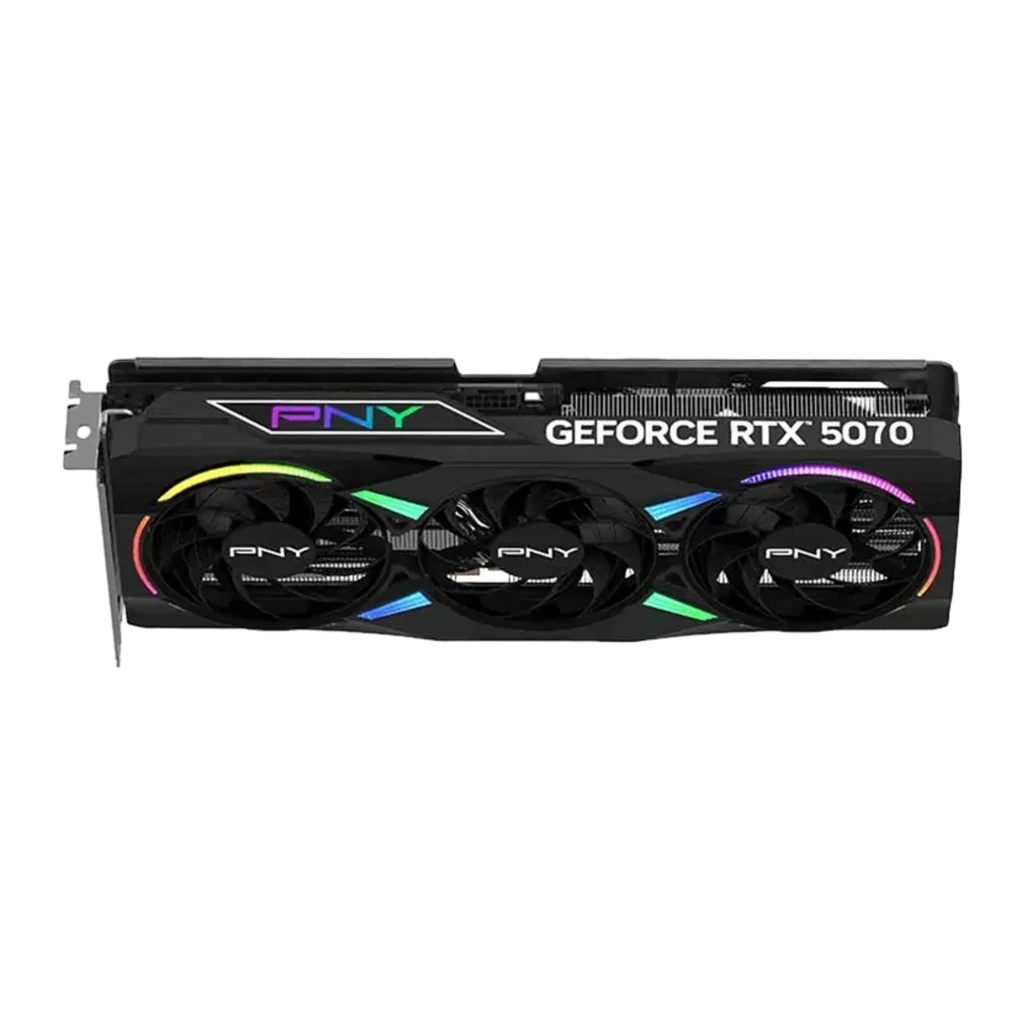 PNY GeForce RTX 5070 Triple ARGB OC 12GB negra, tarjeta con caja: packaging frontal 12GB OC y tarjeta gráfica en primer plano - Ítem1