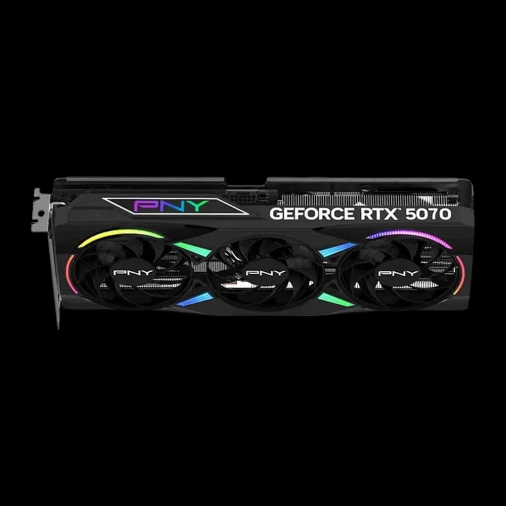 PNY GeForce RTX 5070 Triple ARGB OC 12GB noir, vue de face: trois ventilateurs avec éclairage ARGB et logo GeForce RTX 5070