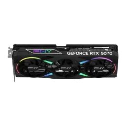 PNY GeForce RTX 5070 Triple ARGB OC 12GB noir, vue de face: trois ventilateurs avec éclairage ARGB et logo GeForce RTX 5070