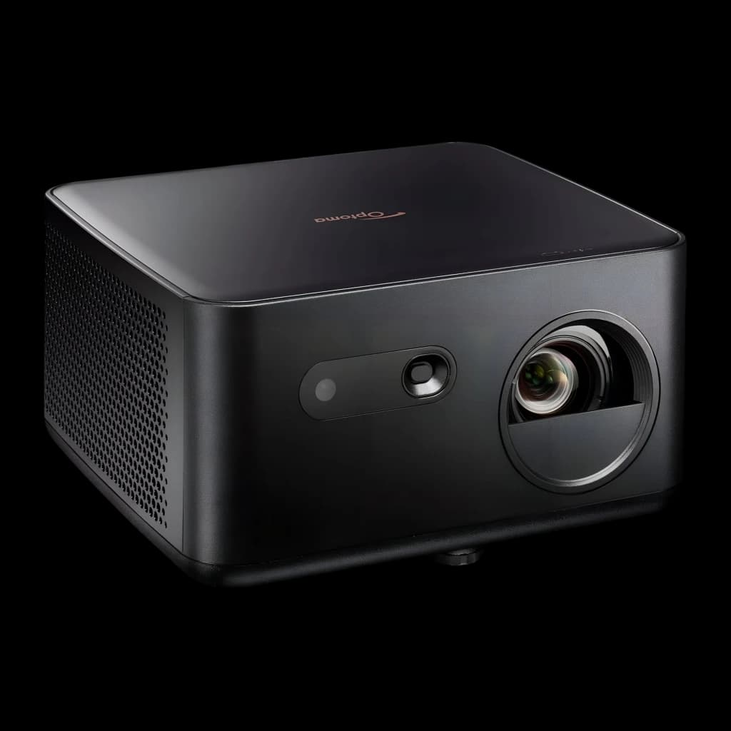 Optoma Photon Life PK32 4K UHD negro, vista frontal-lateral: lente, sensor autofoco y rejilla lateral visibles