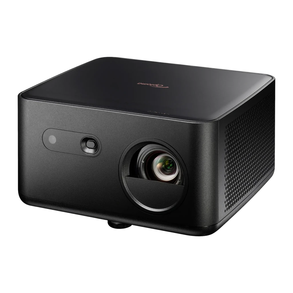 Optoma Photon Life PK32 4K UHD noir, vue avant-latérale: objectif, capteur autofocus et grille latérale visibles - Ítem1