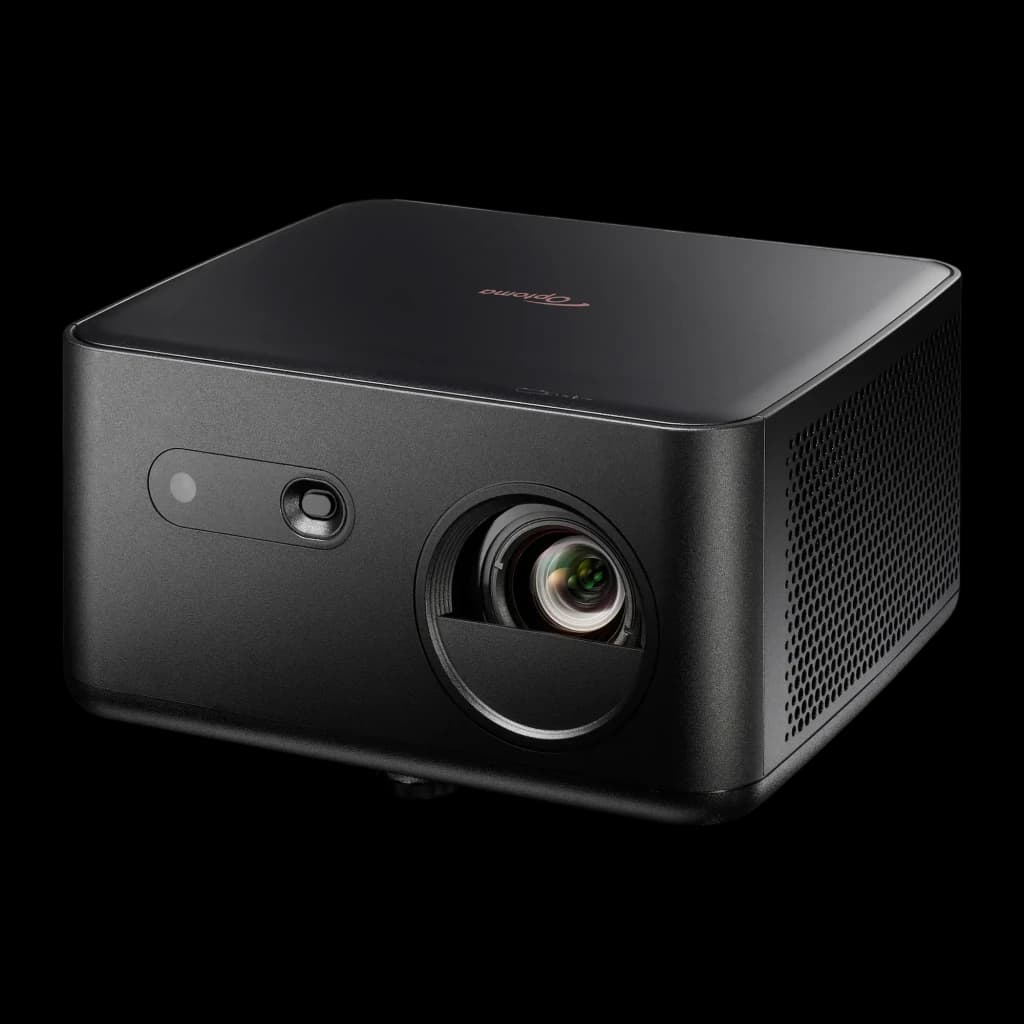 Optoma Photon Life PK32 4K UHD negro, vista frontal: lente centrada en primer plano, rejilla derecha y logo en tapa