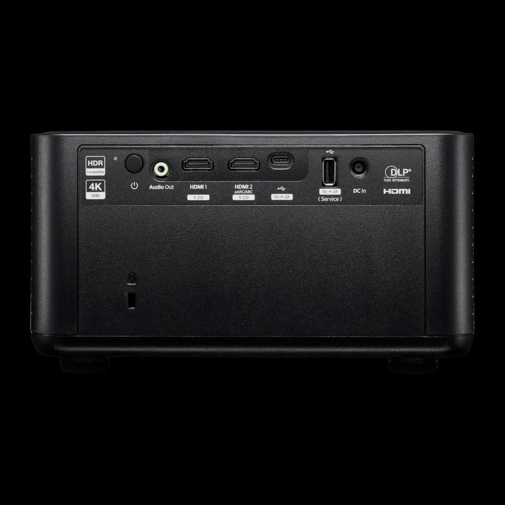 Optoma Photon Life PK32 4K UHD negro, vista trasera: puertos HDMI 1, HDMI 2 eARC, USB, Audio Out y DC In etiquetados