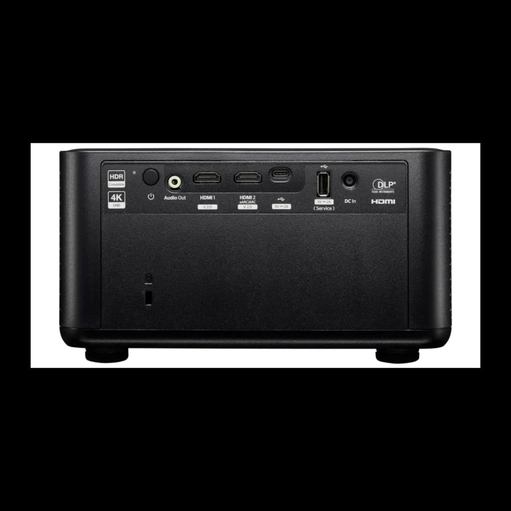Optoma Photon Life PK32 4K UHD negro, vista trasera: puertos HDMI 1, HDMI 2, USB, Audio Out y DC In etiquetados