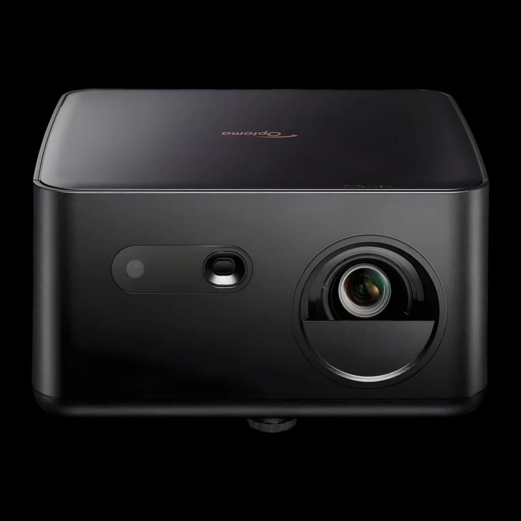 Optoma Photon Life PK32 4K UHD negro, vista frontal: objetivo circular, sensor y logo Optoma en parte superior