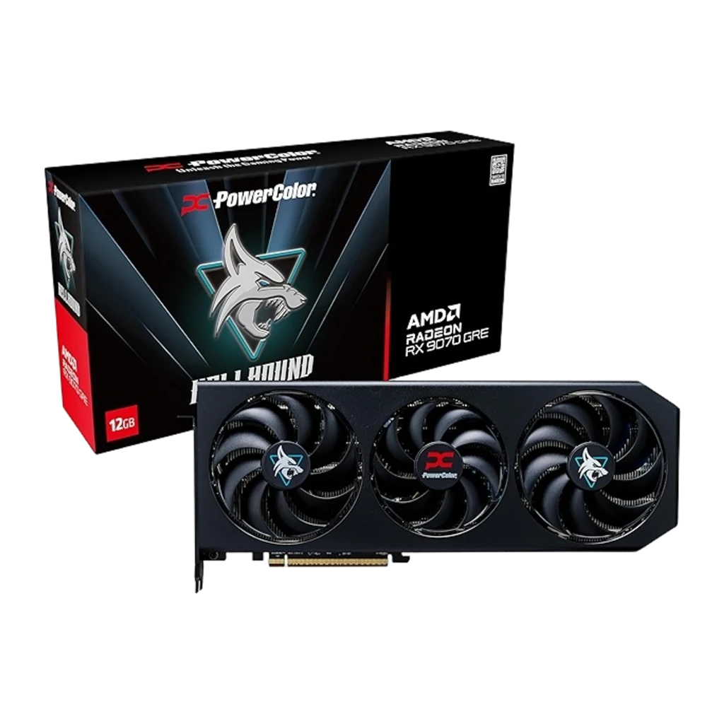 PowerColor Radeon RX 9070 GRE Hellhound 12GB preta, kit completo: placa gráfica ao lado da caixa com logo Hellhound e 12GB