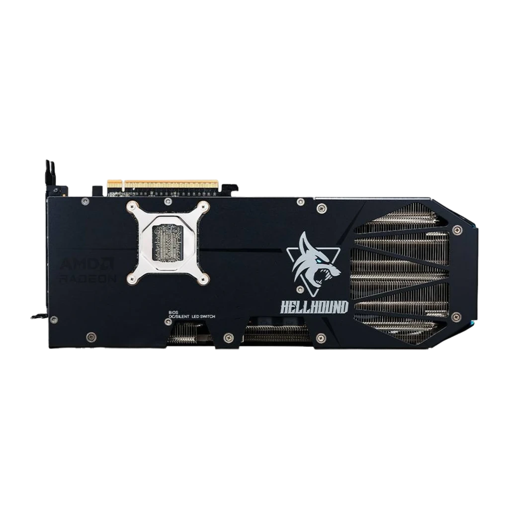 PowerColor Radeon RX 9070 GRE Hellhound 12GB preta, vista traseira: backplate com logo Hellhound, dissipador e switch BIOS