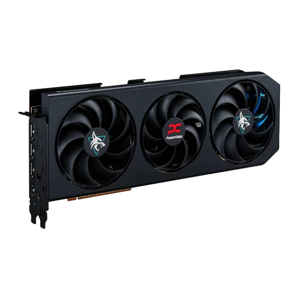 PowerColor Radeon RX 9070 GRE Hellhound 12GB preta, vista em ângulo: três ventoinhas, bracket com portas e LED azul visível