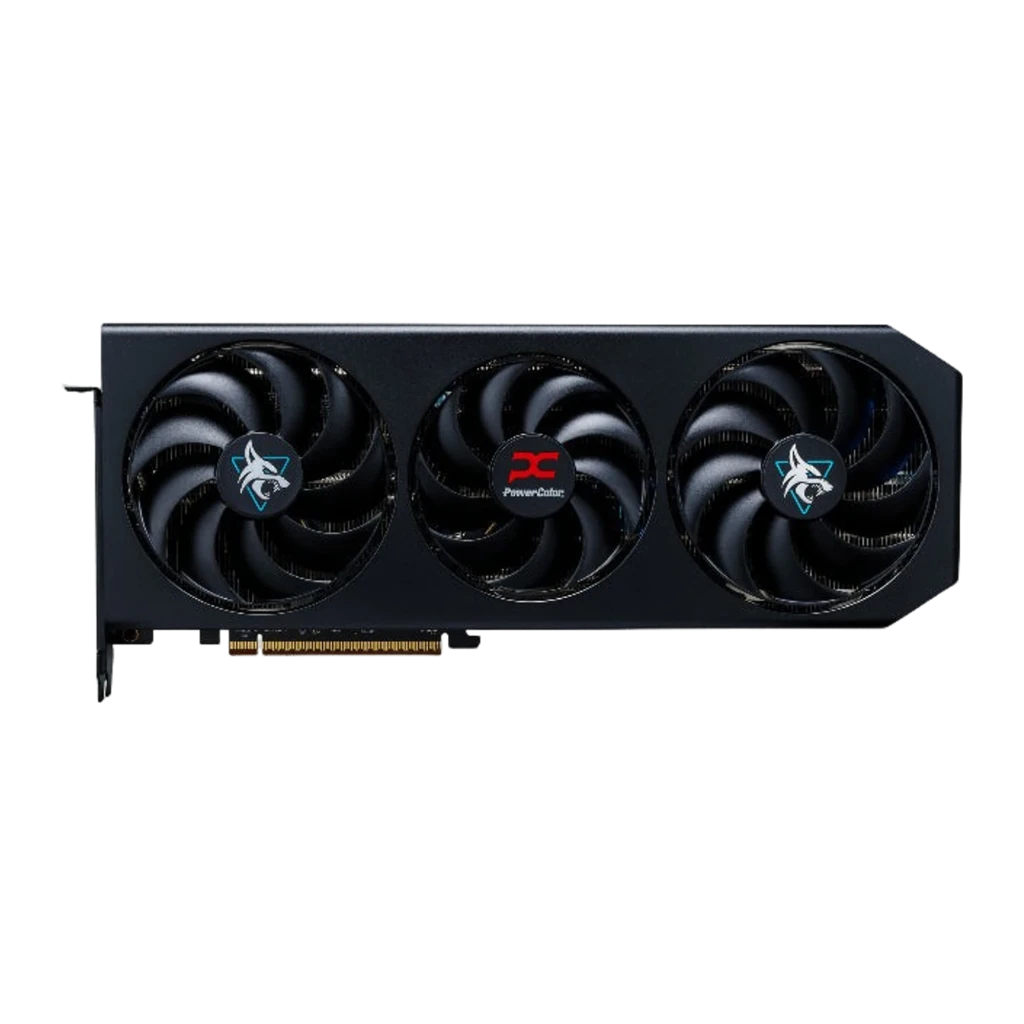 PowerColor Radeon RX 9070 GRE Hellhound 12GB preta, vista frontal: três ventoinhas com logos Hellhound e PowerColor