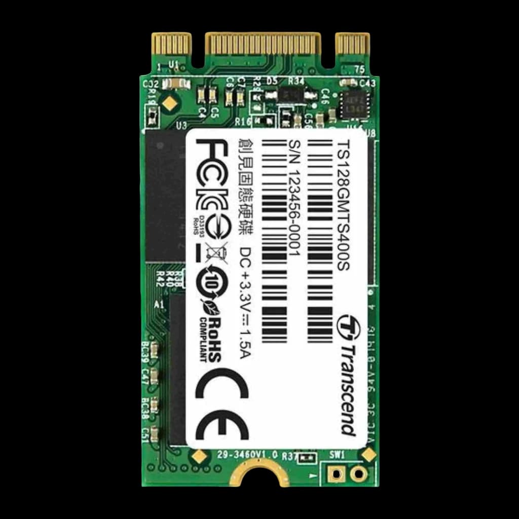 Transcend MTS400 128GB M.2, vista frontal: PCB verde com etiqueta branca, conector dourado e chips visíveis