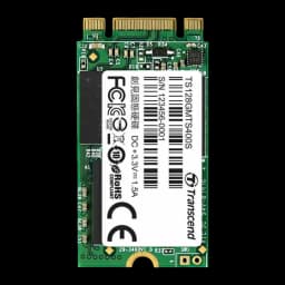 Transcend MTS400 128GB M.2, vista frontal: PCB verde com etiqueta branca, conector dourado e chips visíveis
