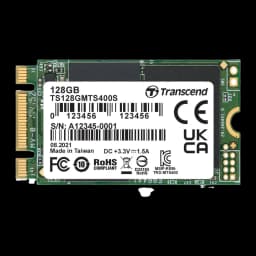 Transcend MTS400 128GB M.2, vista frontal horizontal: etiqueta com 128GB, marcações CE e UKCA, PCB verde