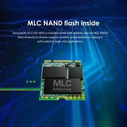 Transcend MTS400 128GB M.2, detalhe: chip MLC NAND Flash visível em placa verde com texto MLC NAND flash inside