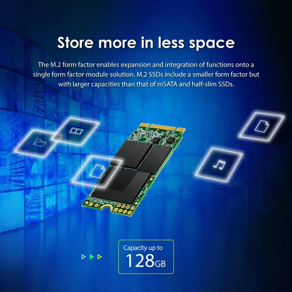 Transcend MTS400 128GB M.2, infográfico: SSD em ângulo com ícones de armazenamento e capacidade até 128GB