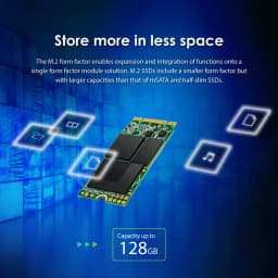 Transcend MTS400 128GB M.2, infográfico: SSD em ângulo com ícones de armazenamento e capacidade até 128GB