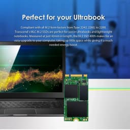Transcend MTS400 128GB M.2 SSD, lifestyle: unidade ao lado de ultrabook, PCB verde com conectores dourados visíveis