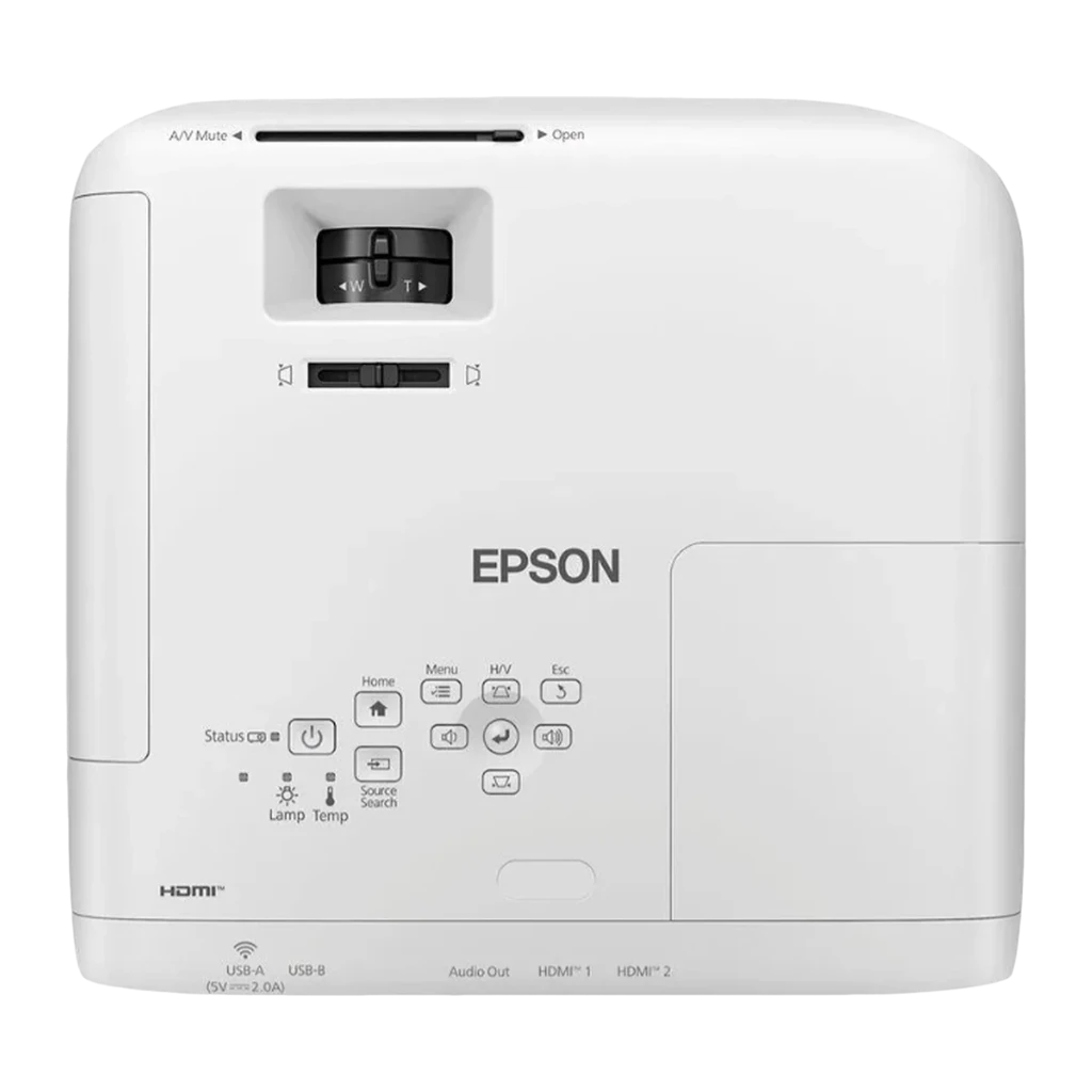 Epson EH-TW840 3LCD 1080p blanc, vue de face: objectif central, grille de ventilation et logo Epson - Ítem4
