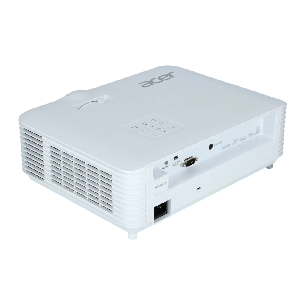 Acer Projecteur H6546 1080p 5200lm DLP blanc, vue de face: objectif éclairé, grilles latérales et logo Acer - Ítem1